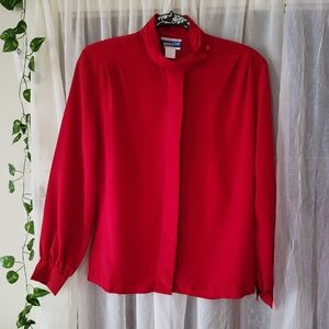 Red rose round neck button down blouse